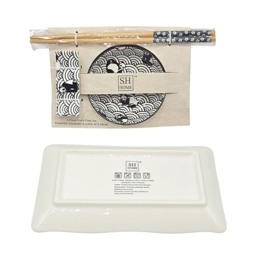 SH Home 5pc Seigaiha Waves & Pandas Sushi Plate Set 11